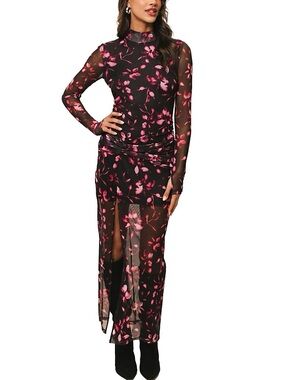 NWT Hutch $297 Long Sleeve Black & Pink Floral mock neck Ambrose Mesh Maxi Dress